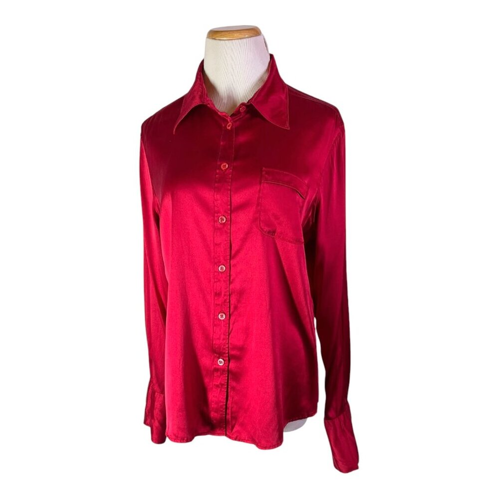 Women's Red Satin Button-Up Shirt